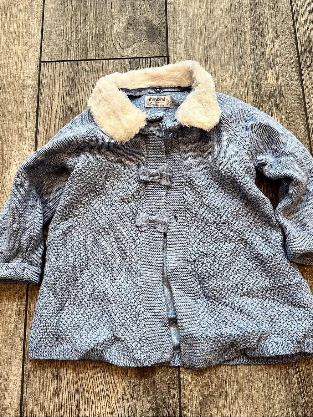 Mayoral Girls Blue Knit Pea Coat Size 4-6 months with removable neck fur